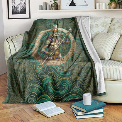 Sobek Crocodile Warrior Blanket with Ankh Ancient Egyptian Motif in Emerald