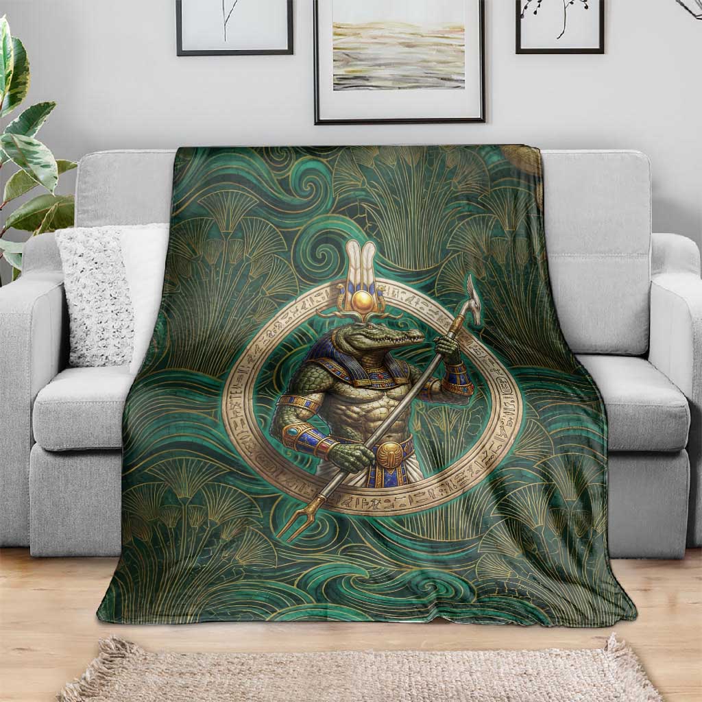 Sobek Crocodile Warrior Blanket with Ankh Ancient Egyptian Motif in Emerald