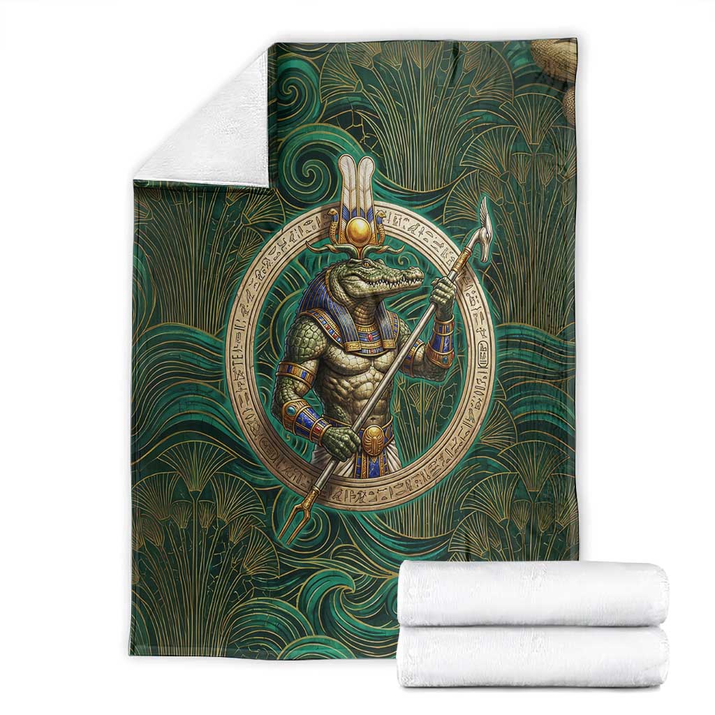 Sobek Crocodile Warrior Blanket with Ankh Ancient Egyptian Motif in Emerald
