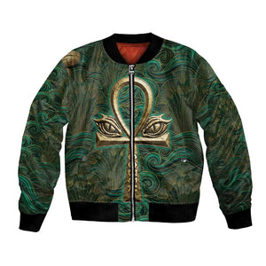 Sobek Crocodile Warrior Bomber Jacket with Ankh Ancient Egyptian Motif in Emerald