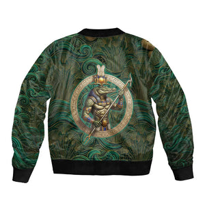 Sobek Crocodile Warrior Bomber Jacket with Ankh Ancient Egyptian Motif in Emerald