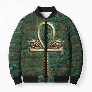 Sobek Crocodile Warrior Bomber Puffer Jacket with Ankh Ancient Egyptian Motif in Emerald