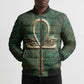 Sobek Crocodile Warrior Bomber Puffer Jacket with Ankh Ancient Egyptian Motif in Emerald