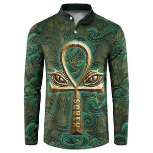 Sobek Crocodile Warrior Button Sweatshirt with Ankh Ancient Egyptian Motif in Emerald