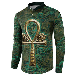 Sobek Crocodile Warrior Button Sweatshirt with Ankh Ancient Egyptian Motif in Emerald