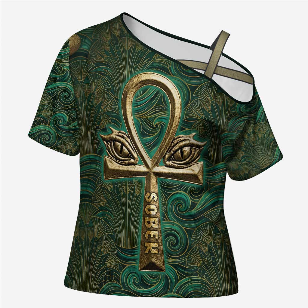 Sobek Crocodile Warrior Cross Shoulder Shirt with Ankh Ancient Egyptian Motif in Emerald