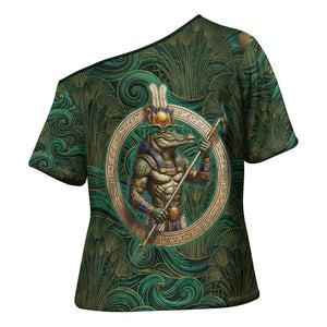 Sobek Crocodile Warrior Cross Shoulder Shirt with Ankh Ancient Egyptian Motif in Emerald
