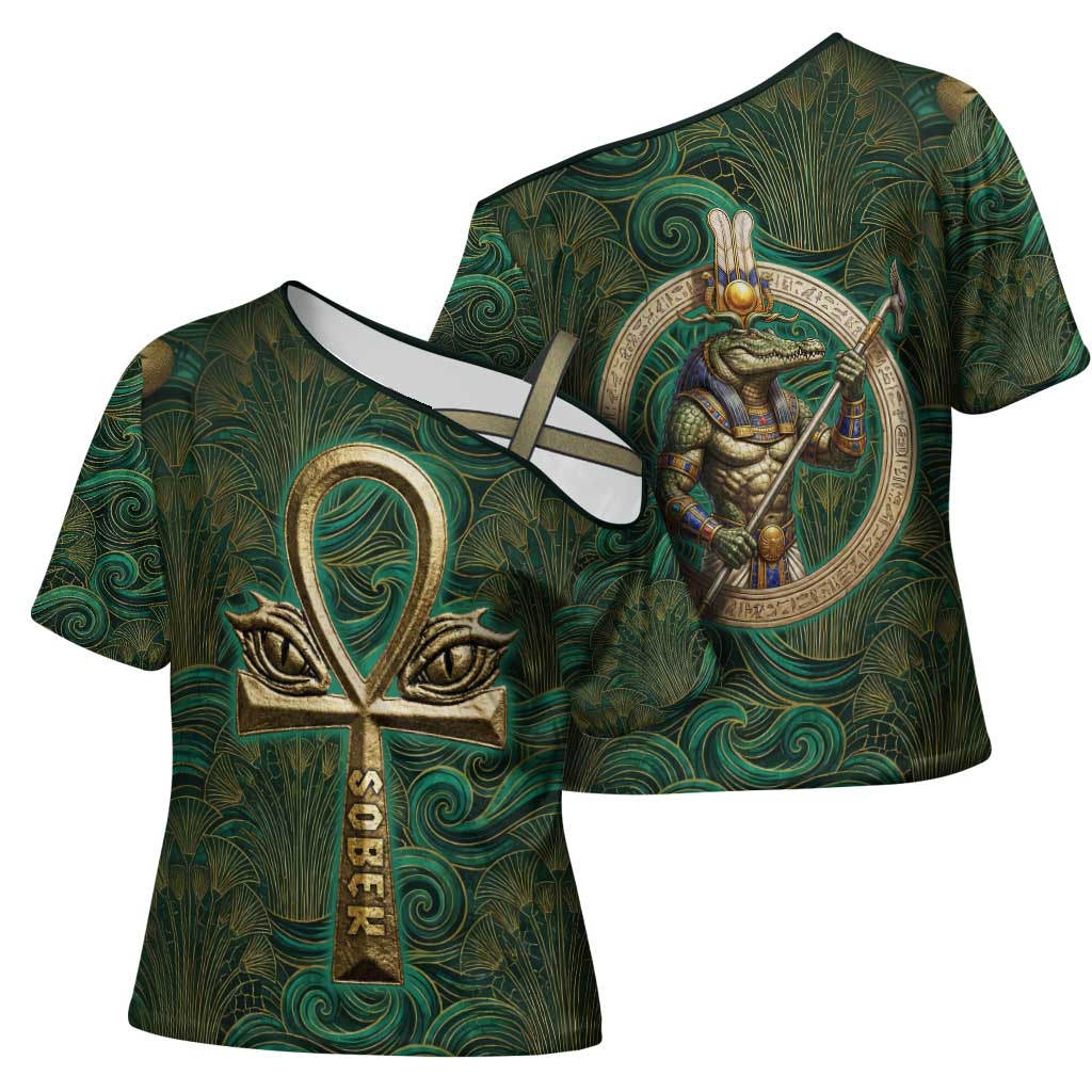 Sobek Crocodile Warrior Cross Shoulder Shirt with Ankh Ancient Egyptian Motif in Emerald