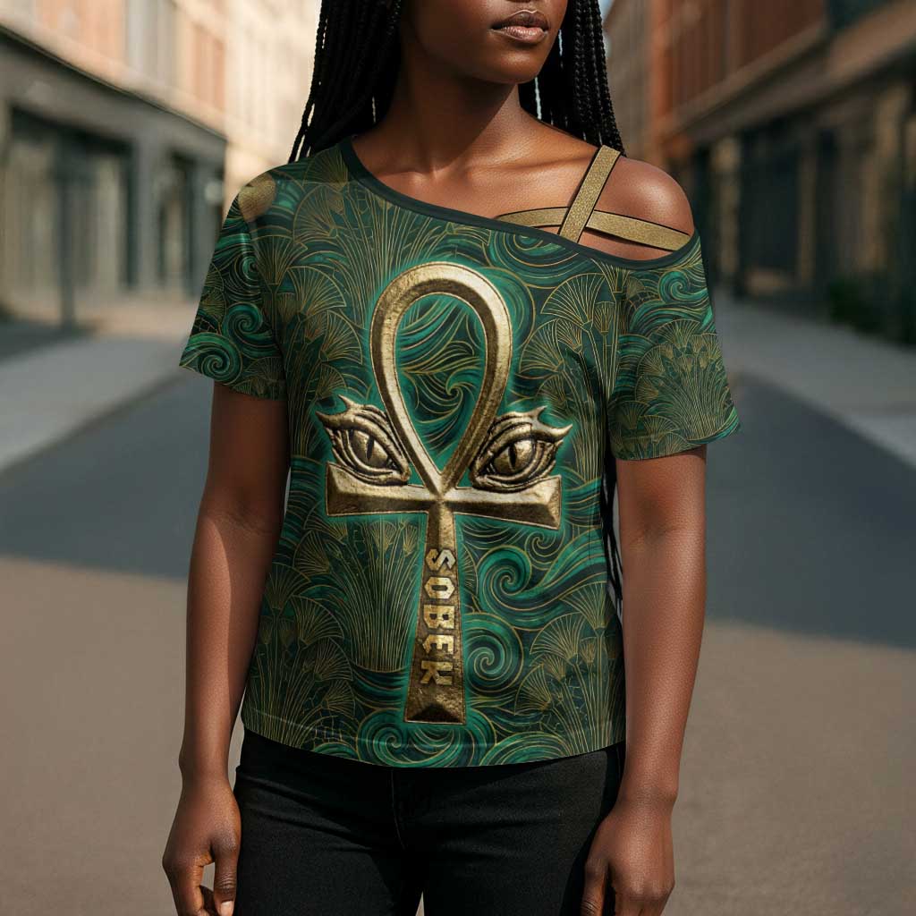 Sobek Crocodile Warrior Cross Shoulder Shirt with Ankh Ancient Egyptian Motif in Emerald