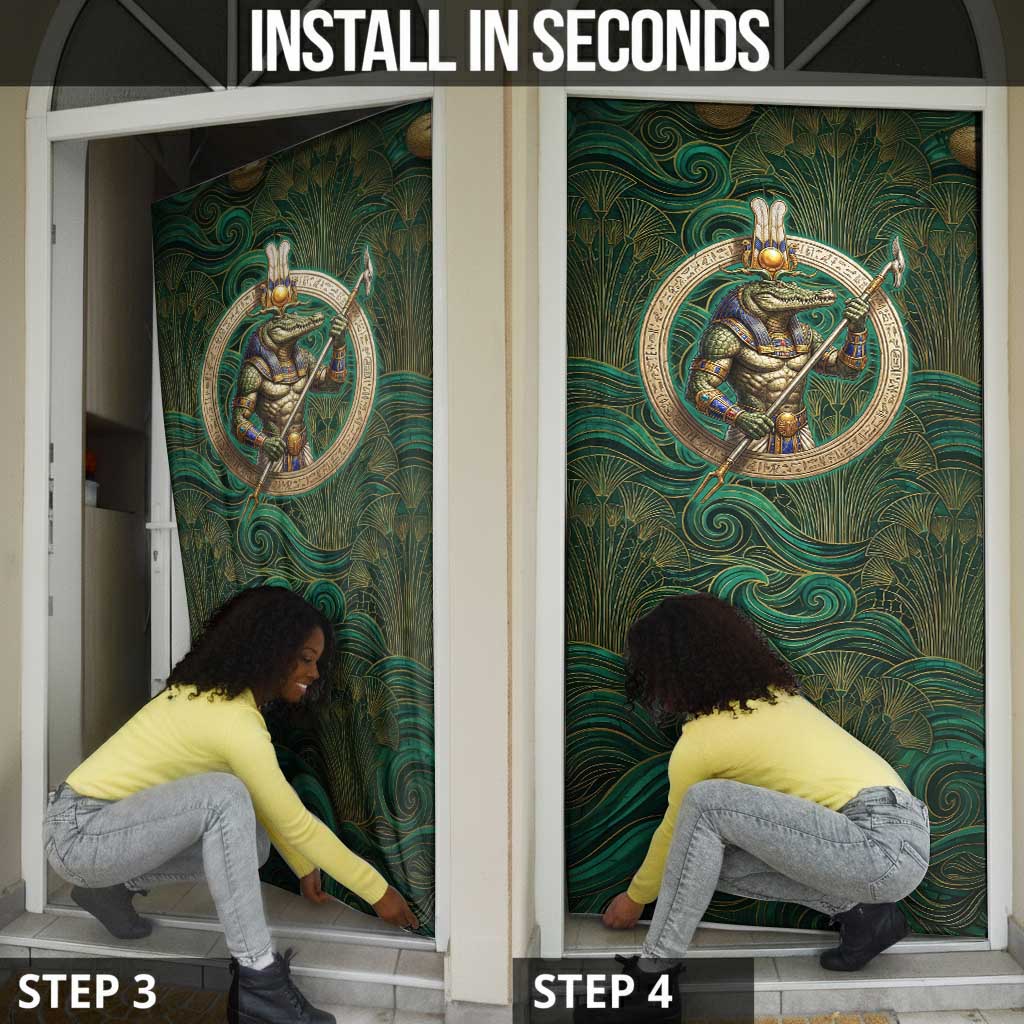 Sobek Crocodile Warrior Door Cover with Ankh Ancient Egyptian Motif in Emerald
