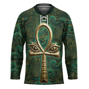 Sobek Crocodile Warrior Hockey Jersey with Ankh Ancient Egyptian Motif in Emerald