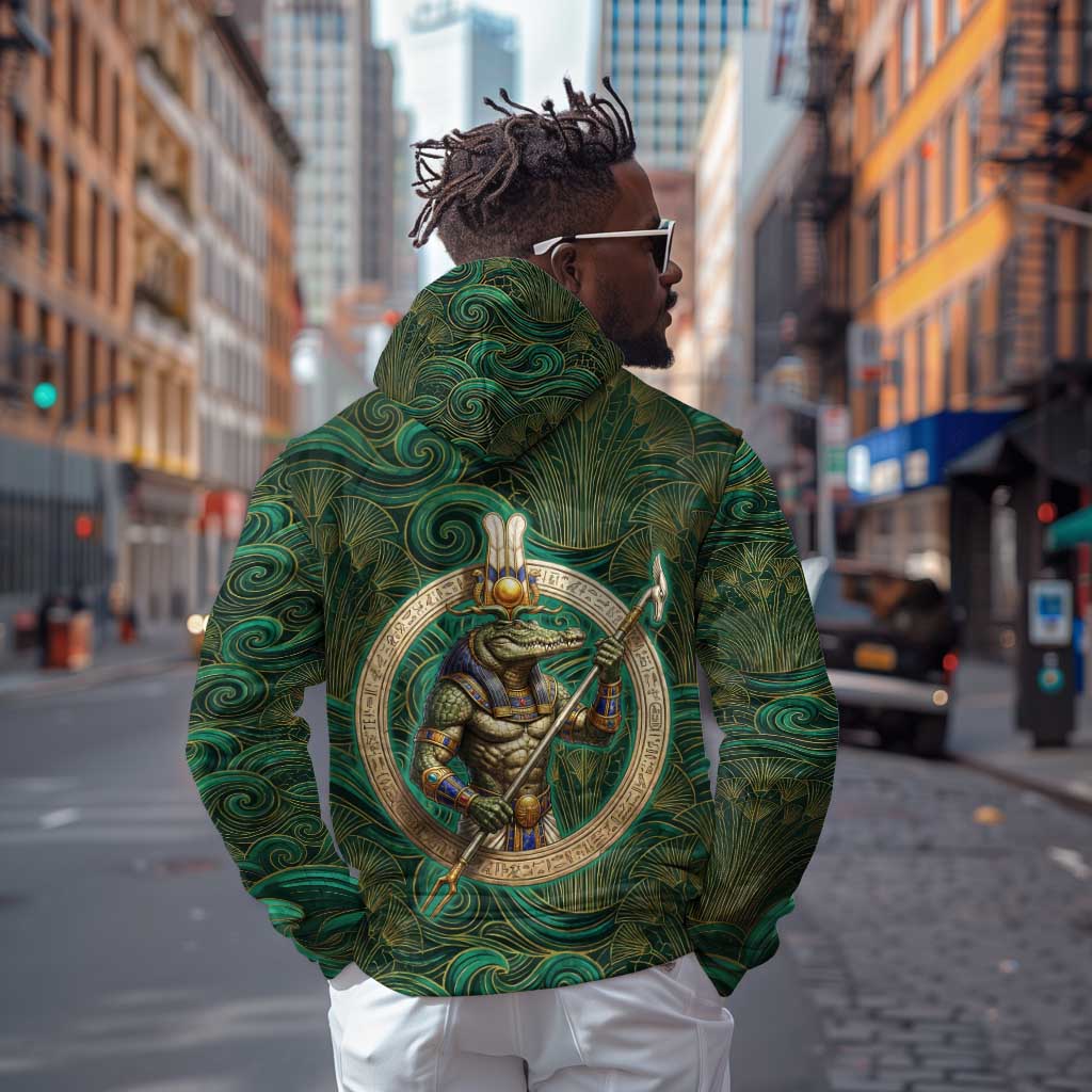 Sobek Crocodile Warrior Hoodie with Ankh Ancient Egyptian Motif in Emerald