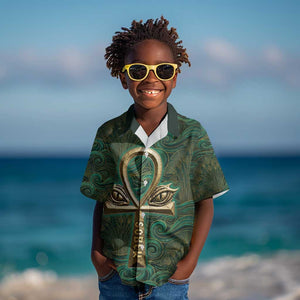 Sobek Crocodile Warrior Kid Hawaiian Shirt with Ankh Ancient Egyptian Motif in Emerald