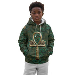 Sobek Crocodile Warrior Kid Hoodie with Ankh Ancient Egyptian Motif in Emerald