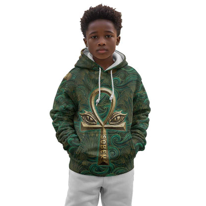 Sobek Crocodile Warrior Kid Hoodie with Ankh Ancient Egyptian Motif in Emerald