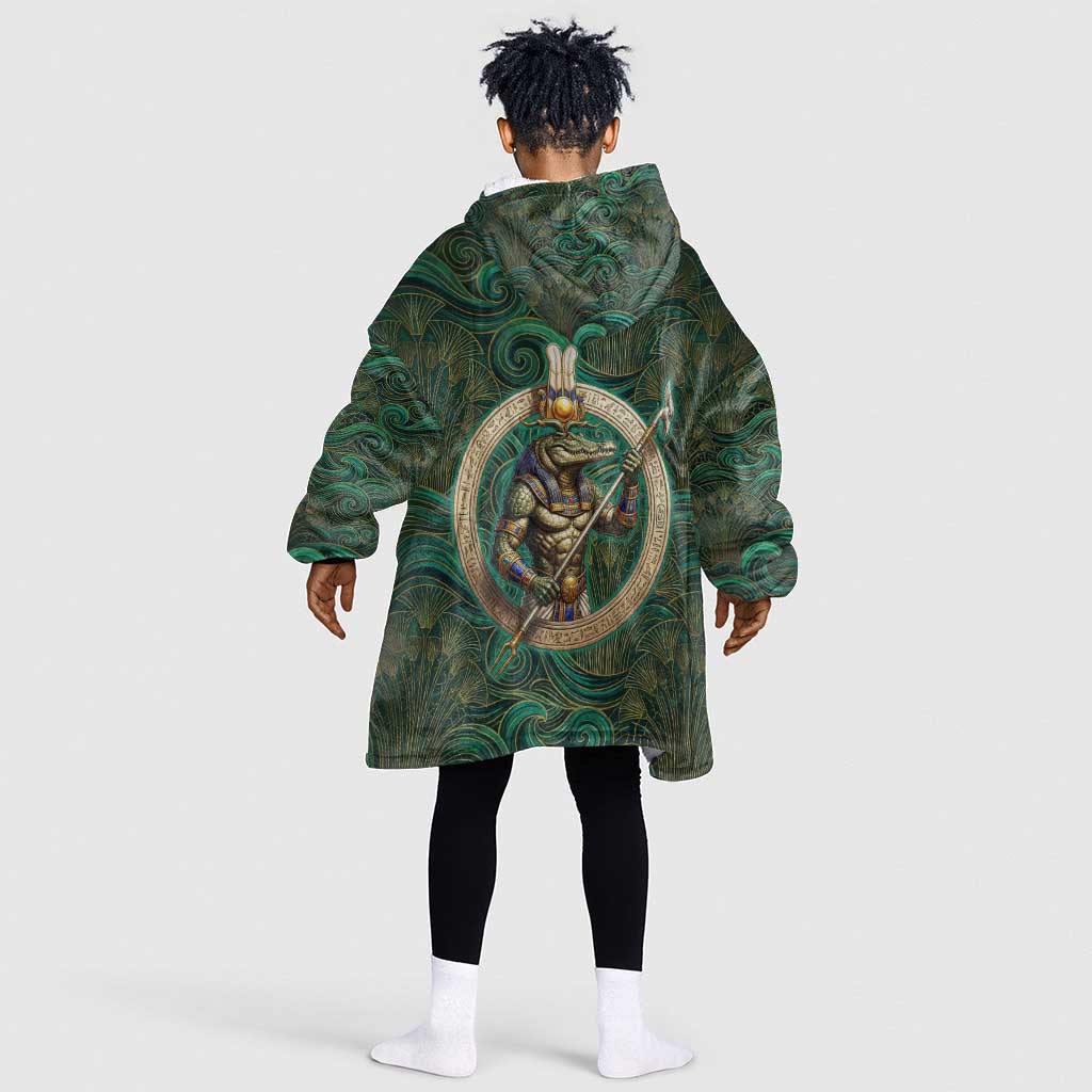 Sobek Crocodile Warrior Kid Wearable Blanket Hoodie with Ankh Ancient Egyptian Motif in Emerald