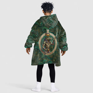 Sobek Crocodile Warrior Kid Wearable Blanket Hoodie with Ankh Ancient Egyptian Motif in Emerald
