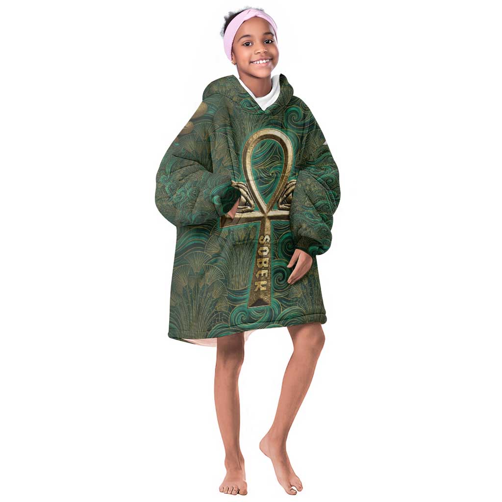 Sobek Crocodile Warrior Kid Wearable Blanket Hoodie with Ankh Ancient Egyptian Motif in Emerald