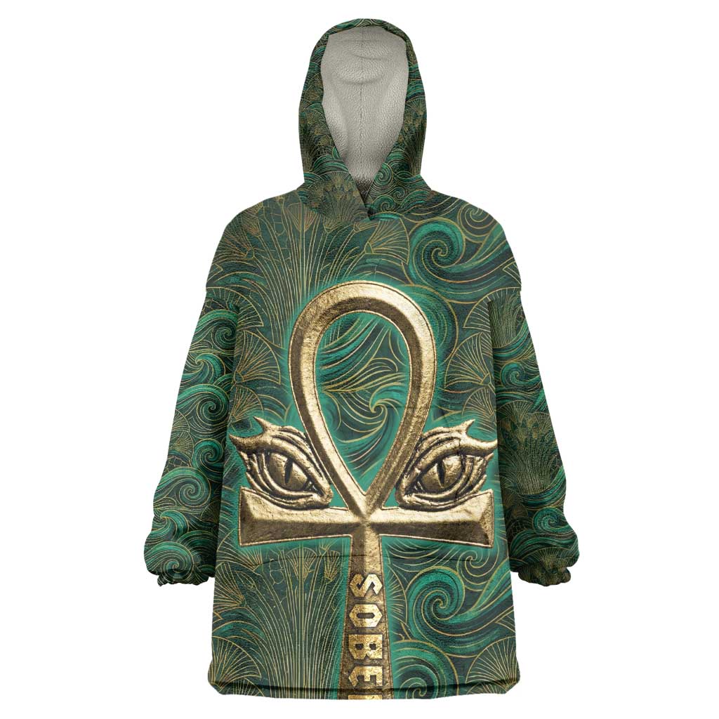 Sobek Crocodile Warrior Kid Wearable Blanket Hoodie with Ankh Ancient Egyptian Motif in Emerald
