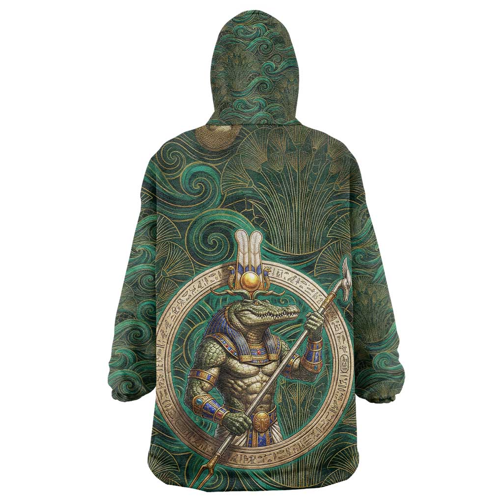Sobek Crocodile Warrior Kid Wearable Blanket Hoodie with Ankh Ancient Egyptian Motif in Emerald