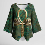 Sobek Crocodile Warrior Kimono Sleeve Blouse with Ankh Ancient Egyptian Motif in Emerald