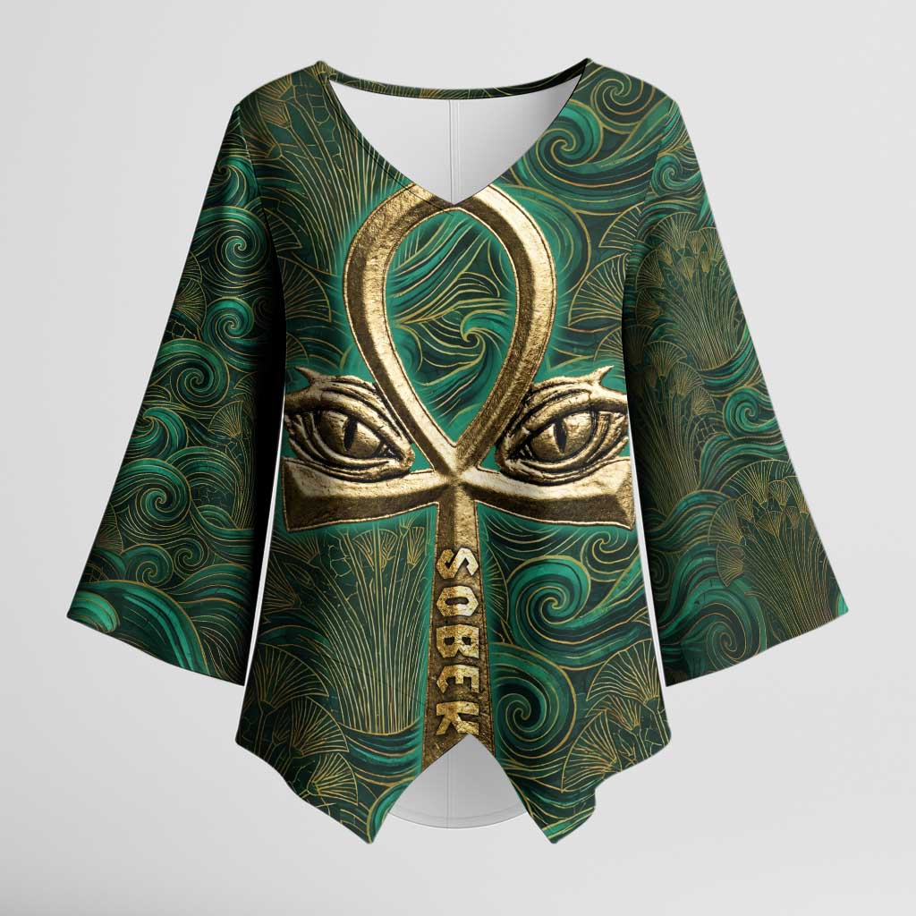 Sobek Crocodile Warrior Kimono Sleeve Blouse with Ankh Ancient Egyptian Motif in Emerald