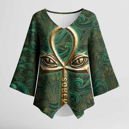 Sobek Crocodile Warrior Kimono Sleeve Blouse with Ankh Ancient Egyptian Motif in Emerald