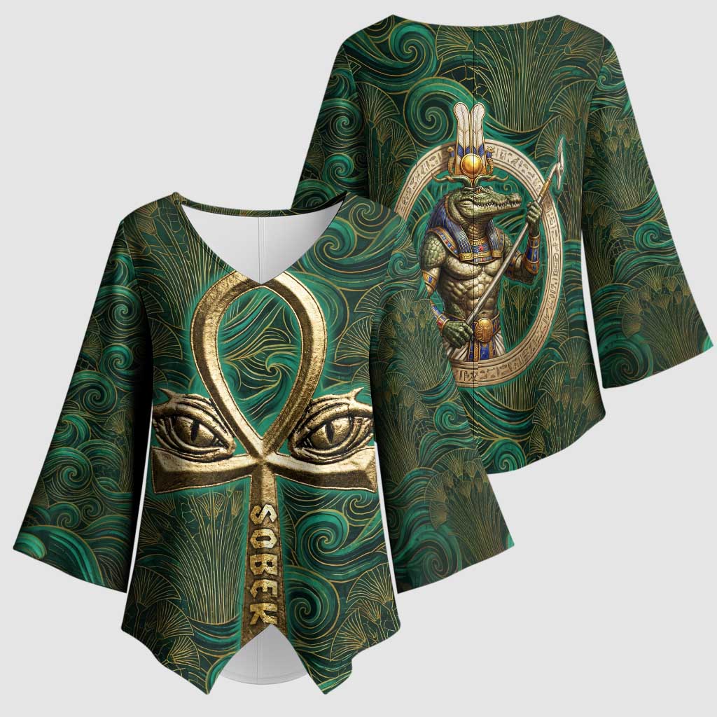 Sobek Crocodile Warrior Kimono Sleeve Blouse with Ankh Ancient Egyptian Motif in Emerald