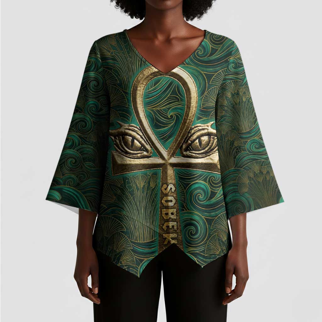 Sobek Crocodile Warrior Kimono Sleeve Blouse with Ankh Ancient Egyptian Motif in Emerald