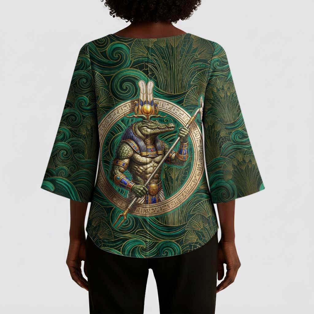 Sobek Crocodile Warrior Kimono Sleeve Blouse with Ankh Ancient Egyptian Motif in Emerald
