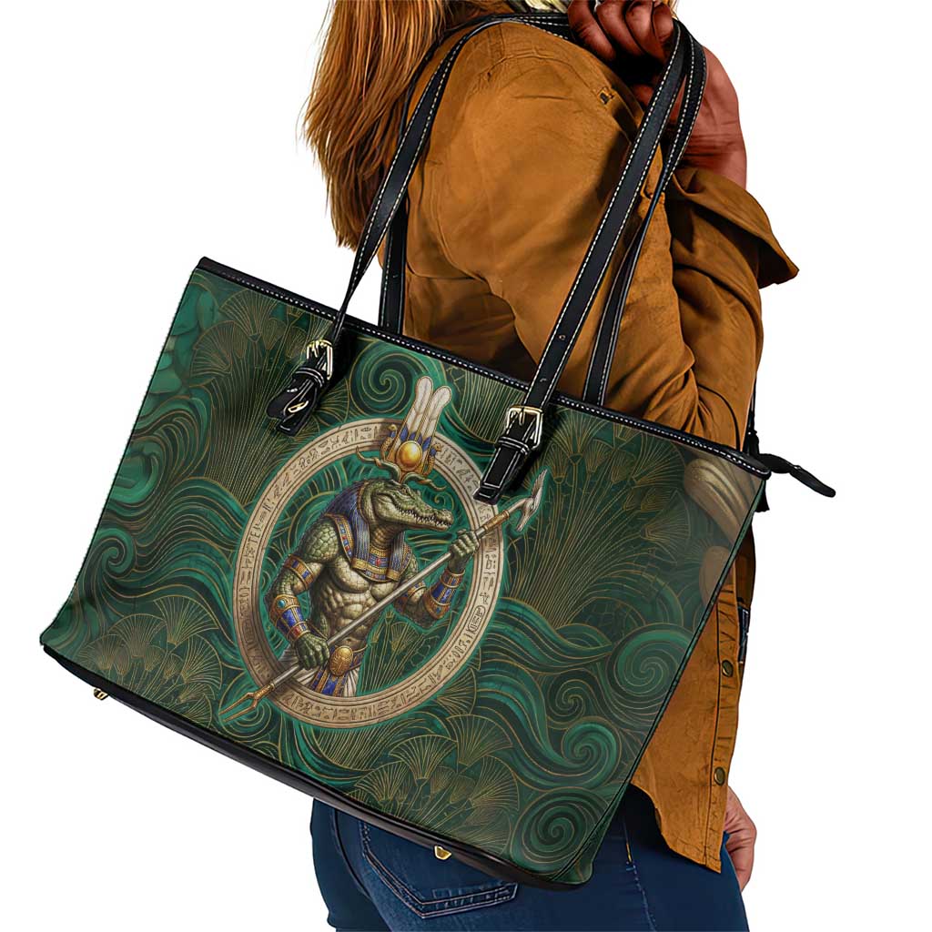 Sobek Crocodile Warrior Leather Tote Bag with Ankh Ancient Egyptian Motif in Emerald