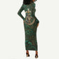 Sobek Crocodile Warrior Long Sleeve Bodycon Dress with Ankh Ancient Egyptian Motif in Emerald