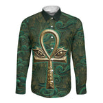 Sobek Crocodile Warrior Long Sleeve Button Shirt with Ankh Ancient Egyptian Motif in Emerald