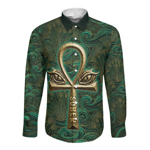 Sobek Crocodile Warrior Long Sleeve Button Shirt with Ankh Ancient Egyptian Motif in Emerald
