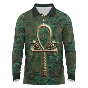 Sobek Crocodile Warrior Long Sleeve Polo Shirt with Ankh Ancient Egyptian Motif in Emerald