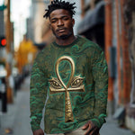 Sobek Crocodile Warrior Long Sleeve Shirt with Ankh Ancient Egyptian Motif in Emerald