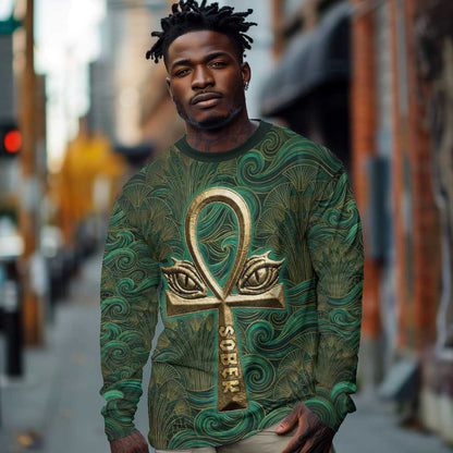 Sobek Crocodile Warrior Long Sleeve Shirt with Ankh Ancient Egyptian Motif in Emerald