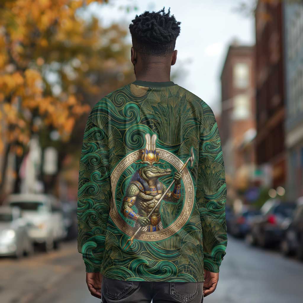 Sobek Crocodile Warrior Long Sleeve Shirt with Ankh Ancient Egyptian Motif in Emerald