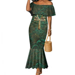 Sobek Crocodile Warrior Mermaid Dress with Ankh Ancient Egyptian Motif in Emerald