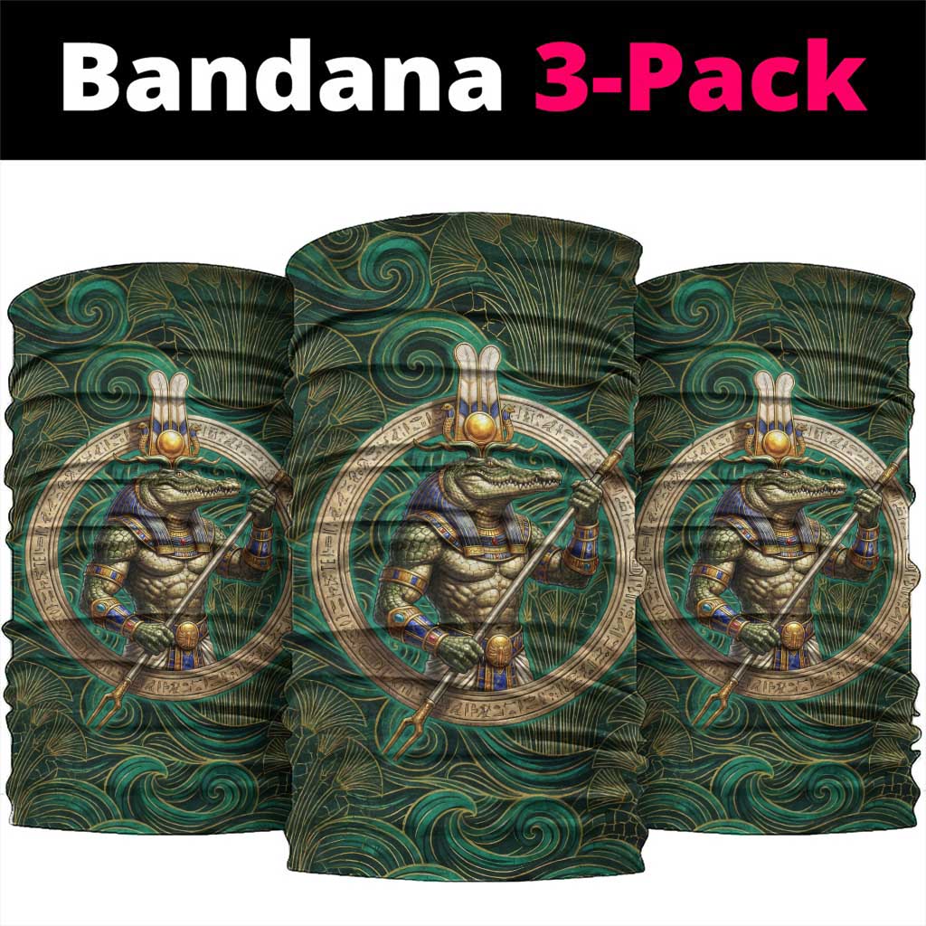 Sobek Crocodile Warrior Neck Gaiter with Ankh Ancient Egyptian Motif in Emerald