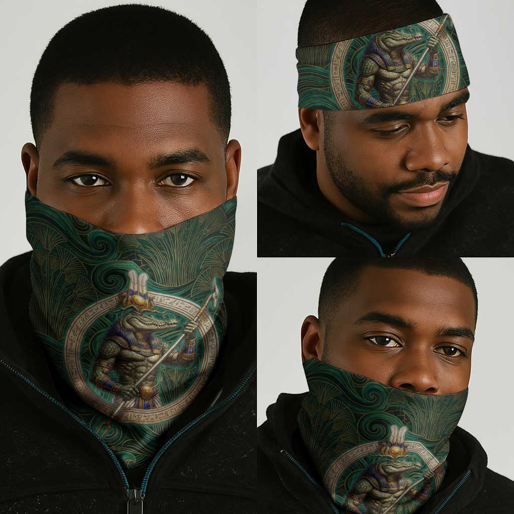 Sobek Crocodile Warrior Neck Gaiter with Ankh Ancient Egyptian Motif in Emerald