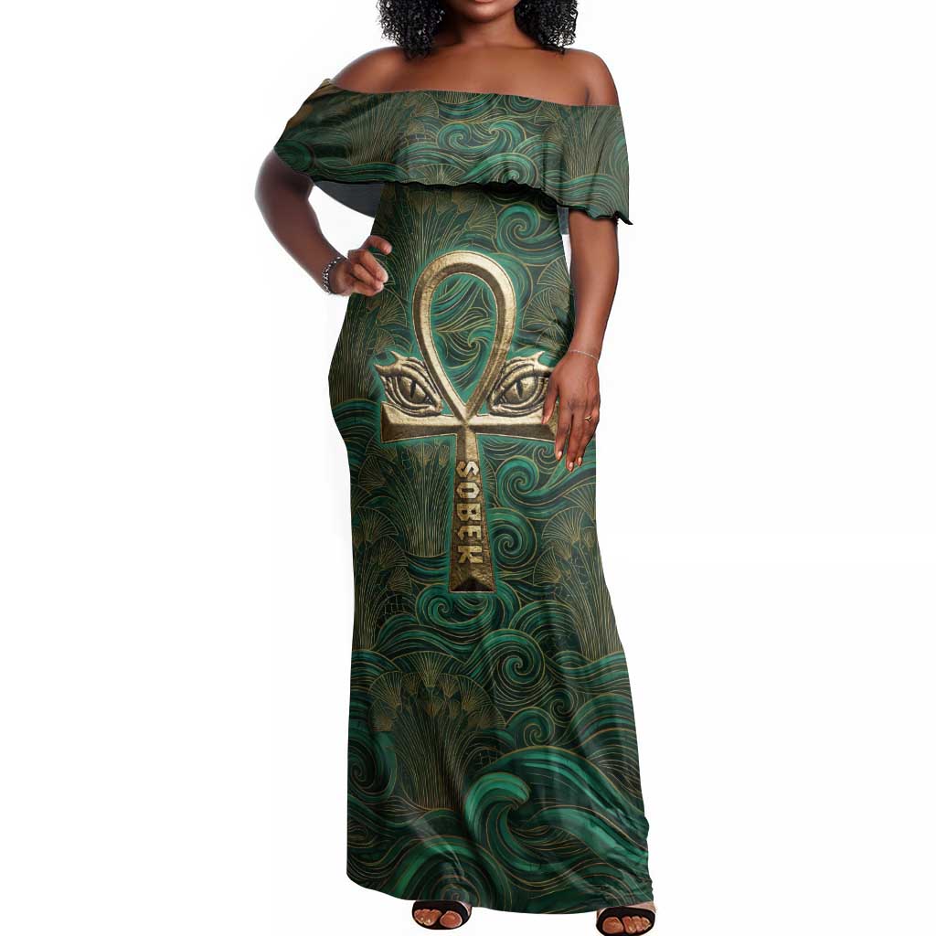 Sobek Crocodile Warrior Off Shoulder Maxi Dress with Ankh Ancient Egyptian Motif in Emerald