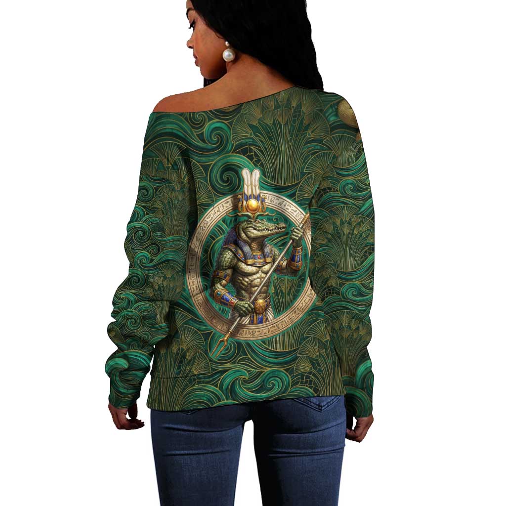 Sobek Crocodile Warrior Off Shoulder Sweater with Ankh Ancient Egyptian Motif in Emerald