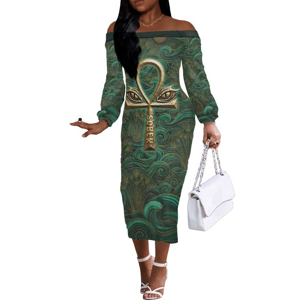 Sobek Crocodile Warrior Off The Shoulder Long Sleeve Dress with Ankh Ancient Egyptian Motif in Emerald