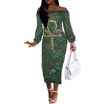 Sobek Crocodile Warrior Off The Shoulder Long Sleeve Dress with Ankh Ancient Egyptian Motif in Emerald