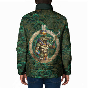 Sobek Crocodile Warrior Padded Jacket with Ankh Ancient Egyptian Motif in Emerald