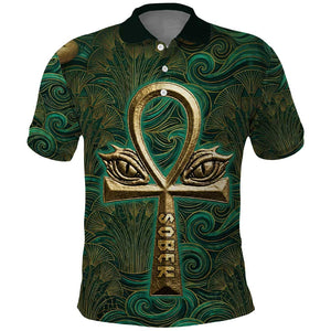 Sobek Crocodile Warrior Polo Shirt with Ankh Ancient Egyptian Motif in Emerald