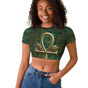 Sobek Crocodile Warrior Raglan Cropped T shirt with Ankh Ancient Egyptian Motif in Emerald