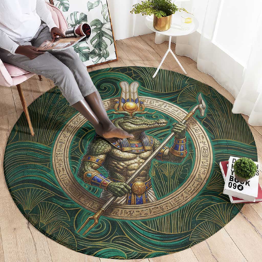 Sobek Crocodile Warrior Round Carpet with Ankh Ancient Egyptian Motif in Emerald