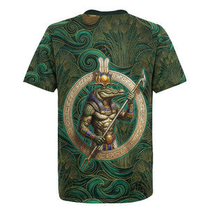 Sobek Crocodile Warrior Rugby Jersey with Ankh Ancient Egyptian Motif in Emerald